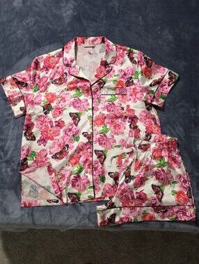 Victoria's Secret Coconut White Floral Butterfly Satin Short Set